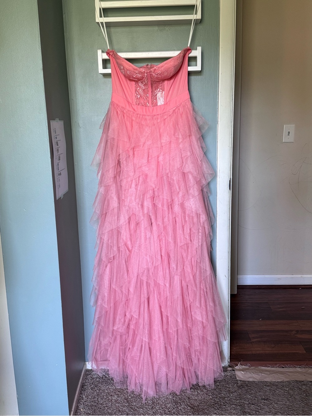 Pink Strapless Ruffled Tulle Gown